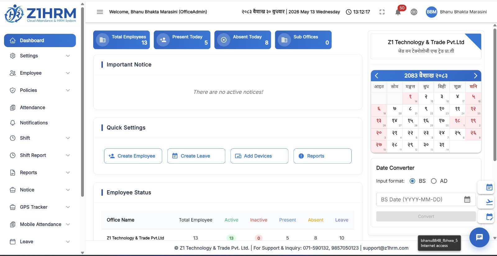 Z1-HRM HRMS Dashboard — Real-time attendance and payroll Nepal